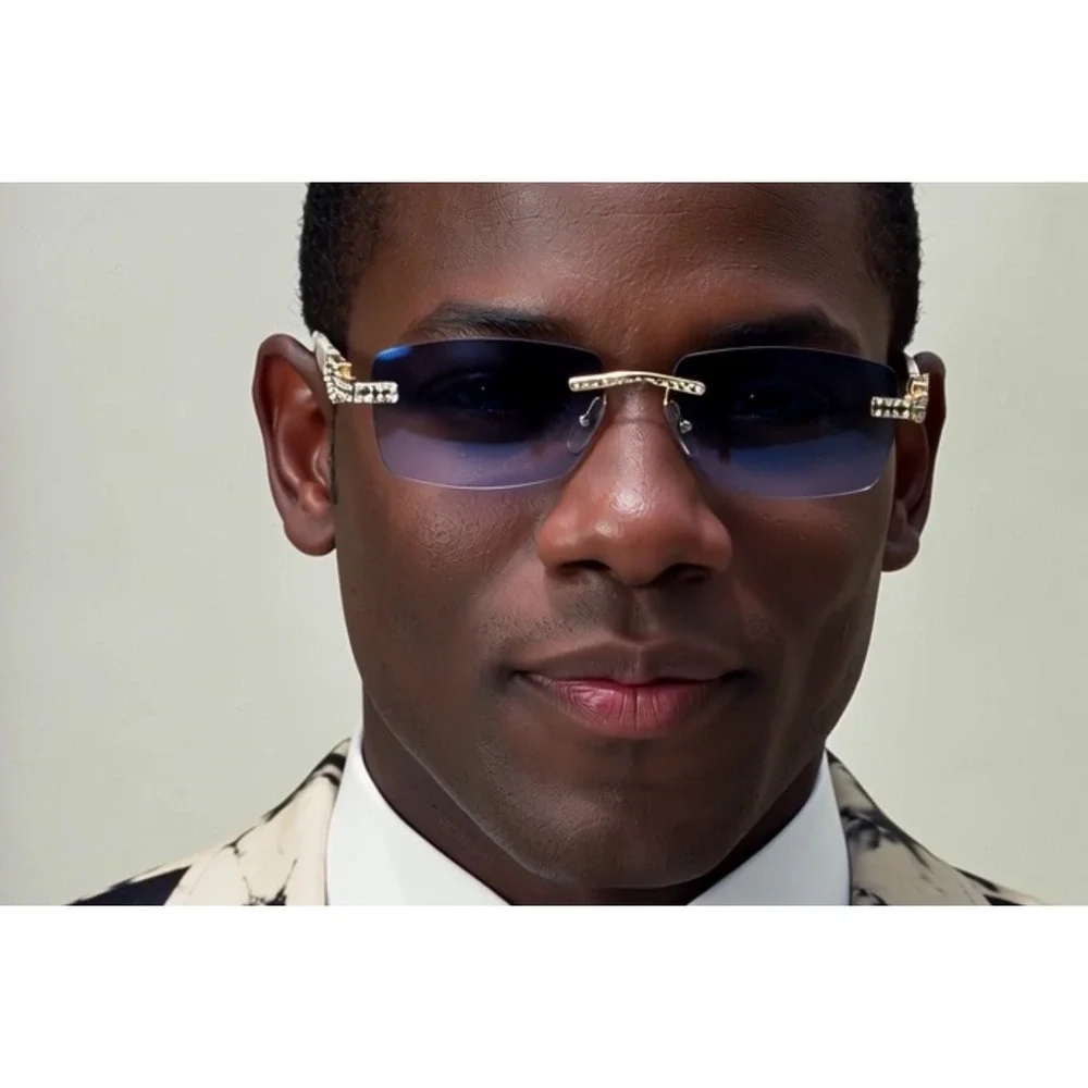 Sunglasses Blue Lens Men Gangster Rhinestone Stud Rimless Rectangle‎ 90s Rapper